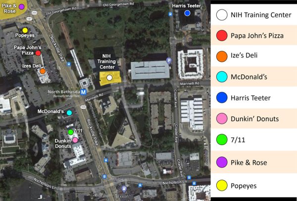 Map of close by restaurants and amenities for NIH Training Center and North Bethesda Station