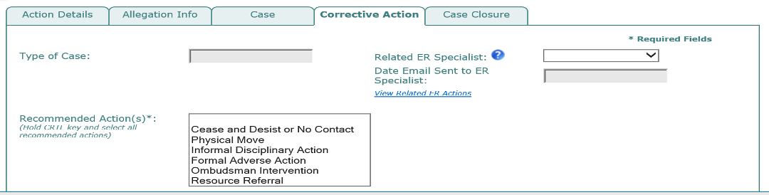 WiTS corrective action tab