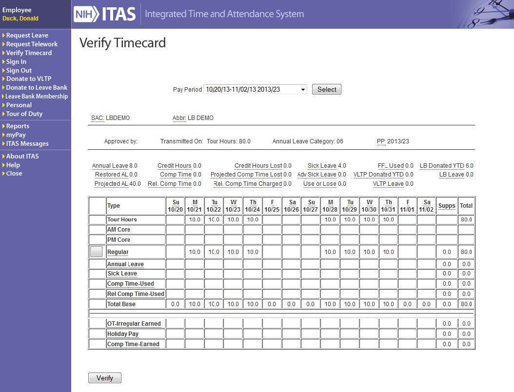 ITAS verify timecard screen