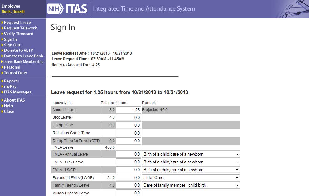 ITAS sign in leave request screen