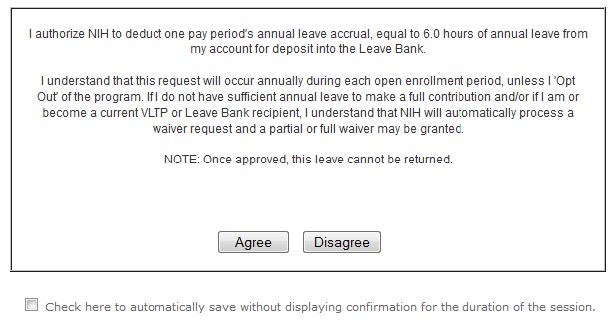 ITAS Leave Bank Membership Agreement Confirmation screen