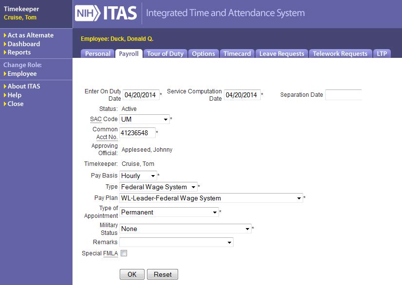 ITAS TK Payroll screen for Federal Employees