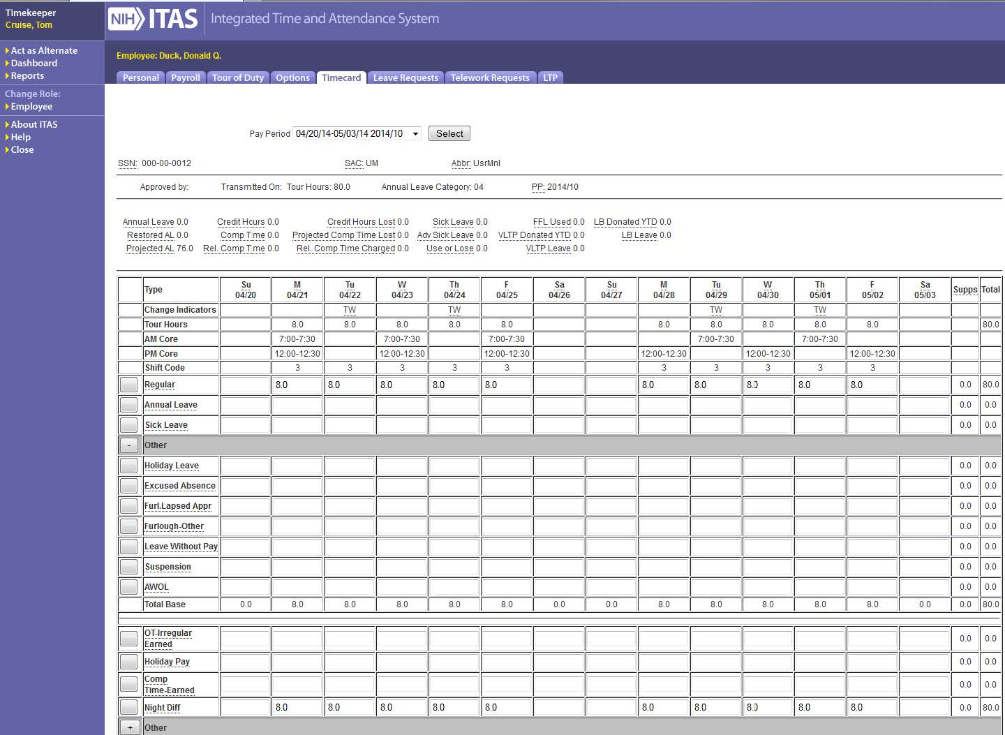 ITAS Timecard screen, Leave Types Expanded