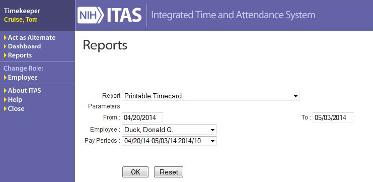 ITAS reports screen