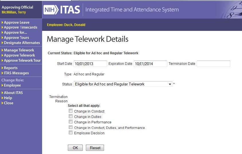 ITAS manage telework details screen
