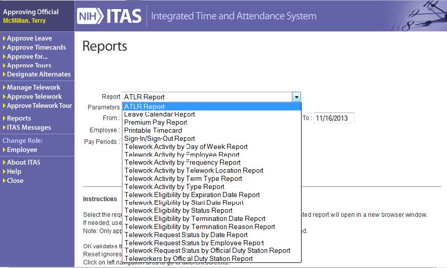 ITAS reports selection screen three