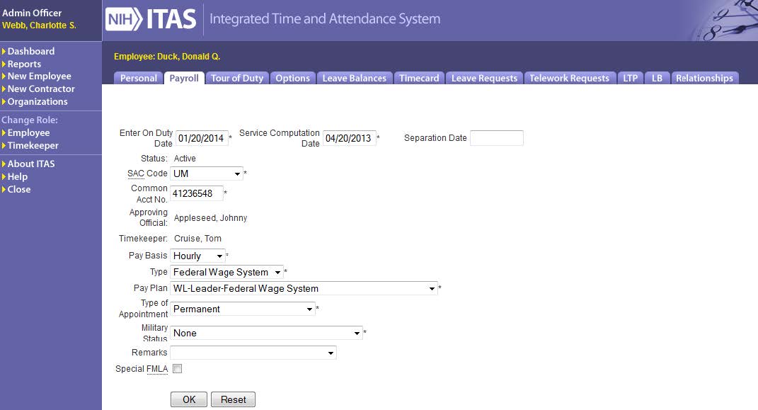 ITAS AO Payroll screen for Federal Employees