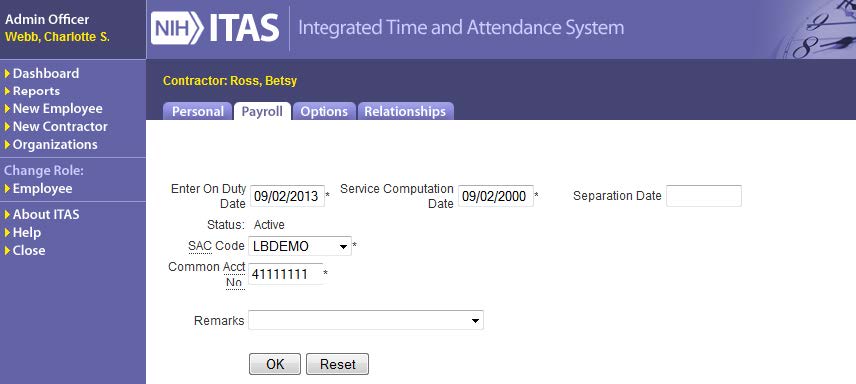 ITAS AO Payroll screen for Contractors