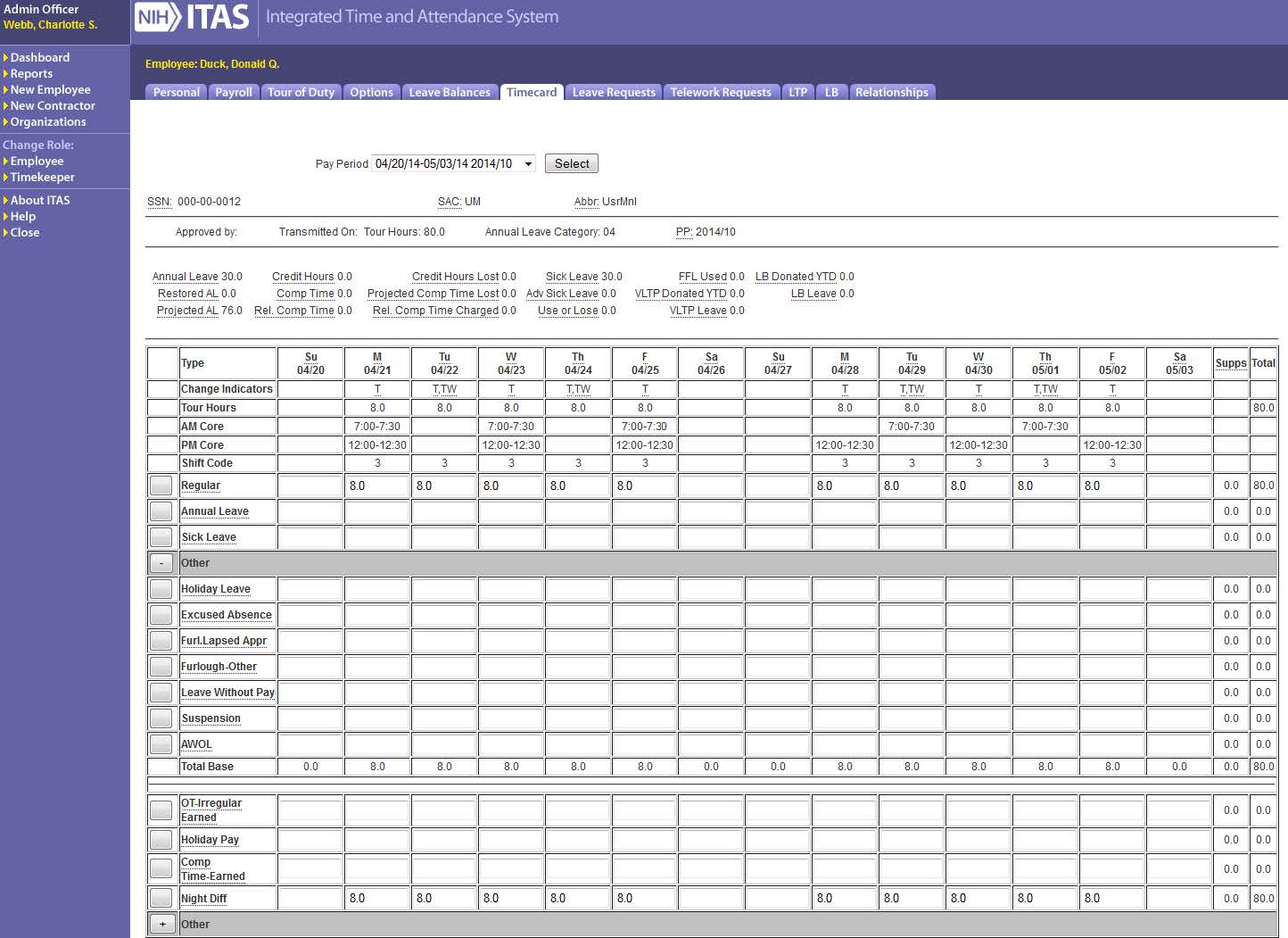 ITAS Timecard screen, Leave Types Expanded