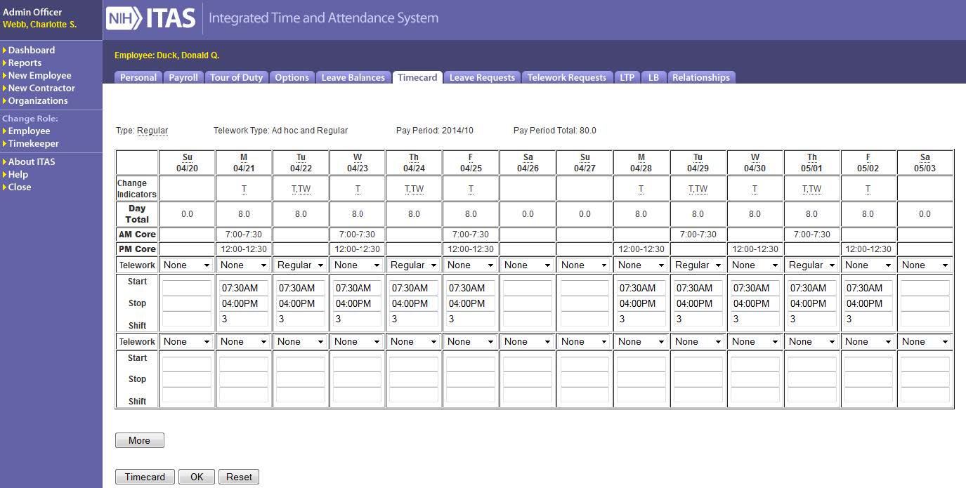 ITAS Timecard Hours Detail screen