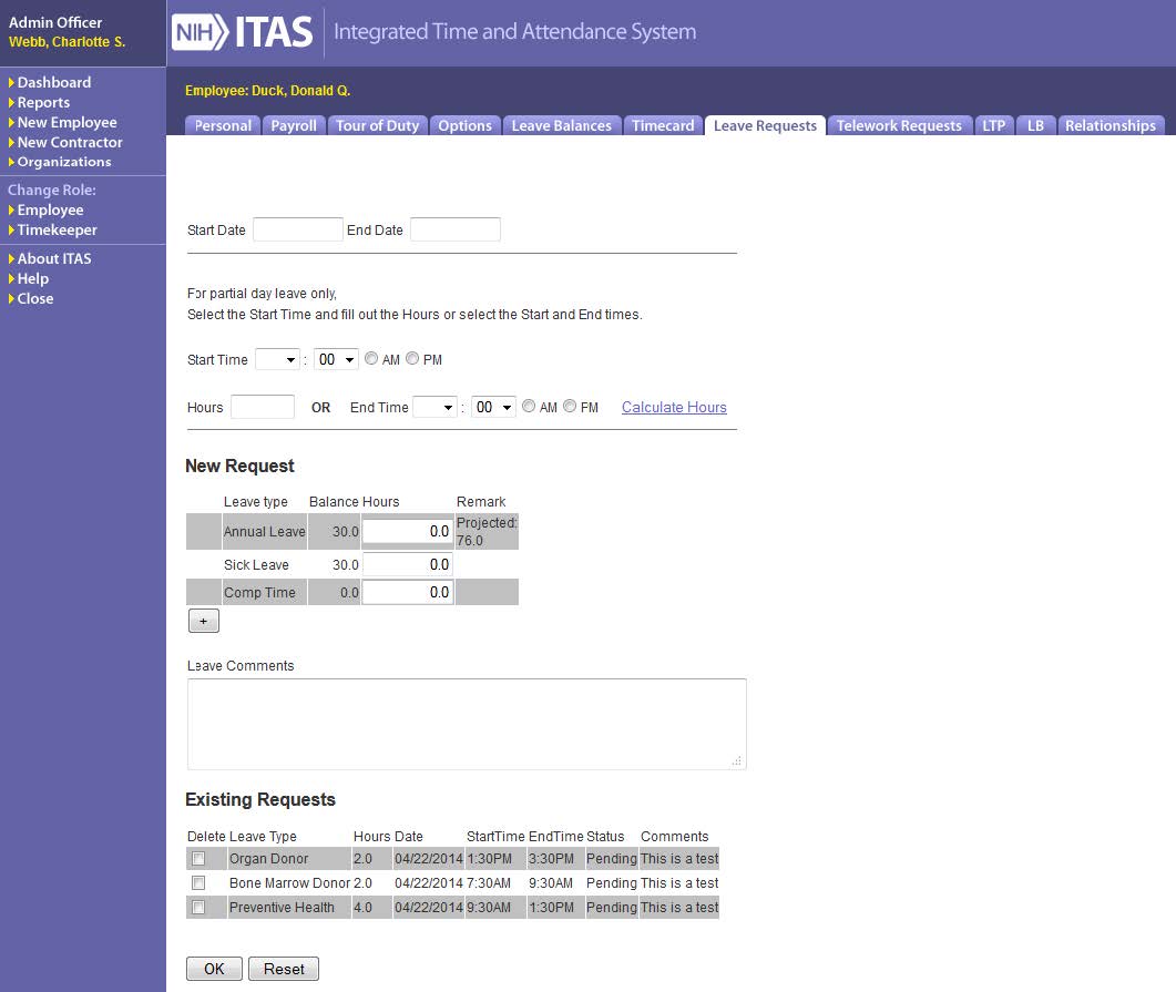ITAS Leave Requests, initial view