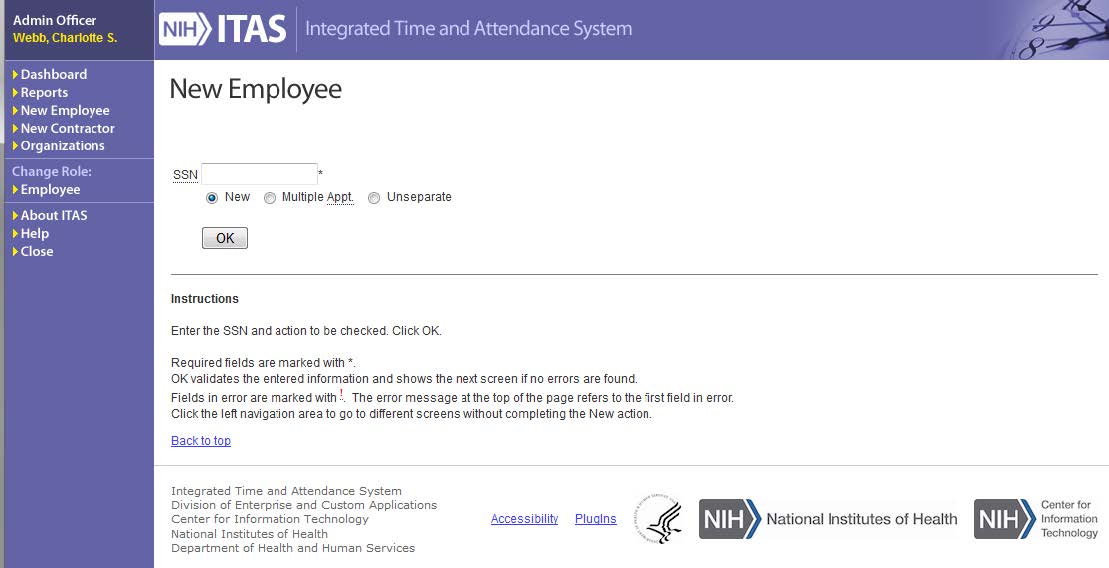 ITAS New Employee screen