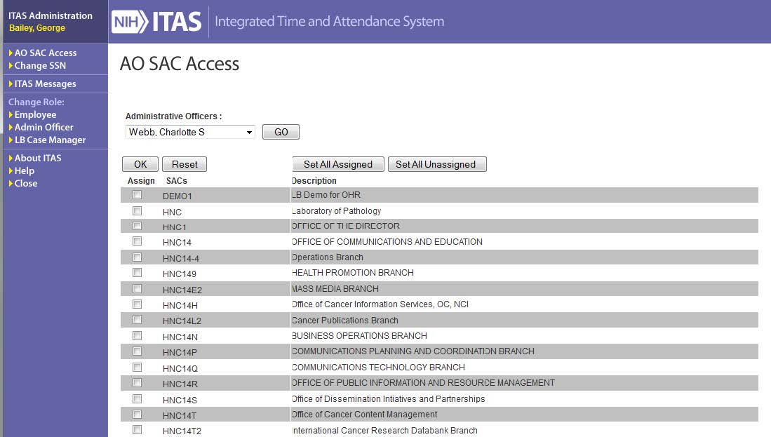 ITAS AO SAC Access screen