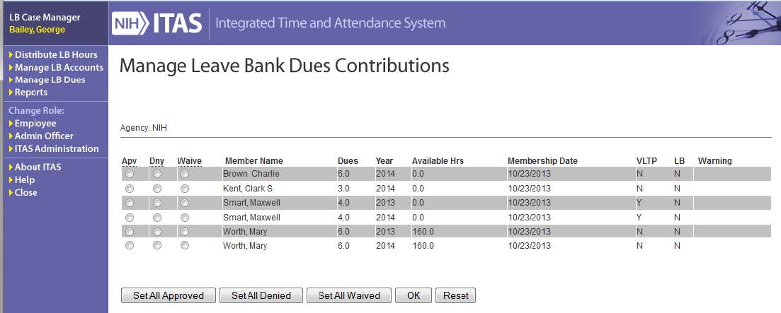 ITAS Manage Leave Bank Dues Contributions screen