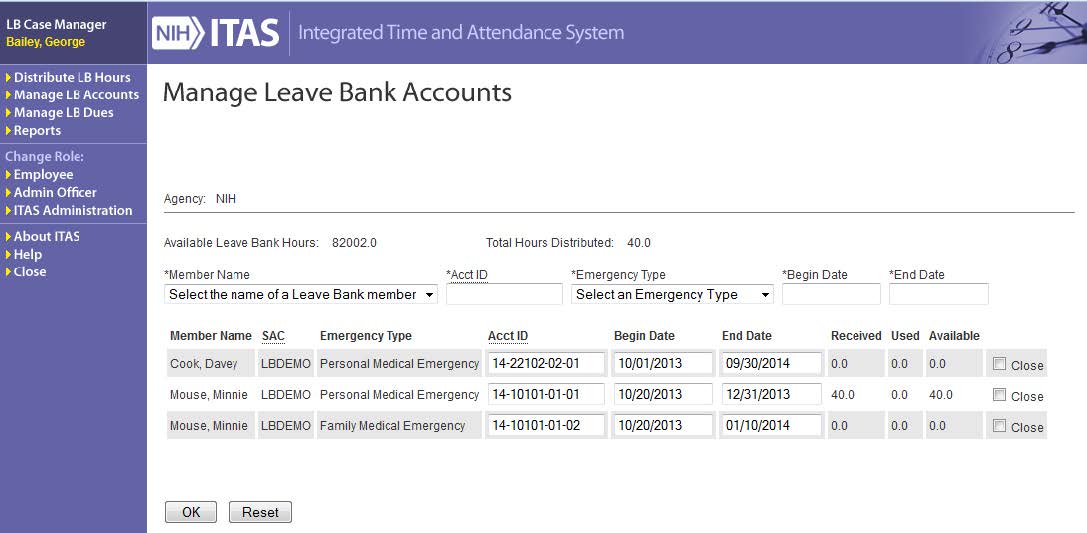 ITAS Manage Leave Bank Accounts screen