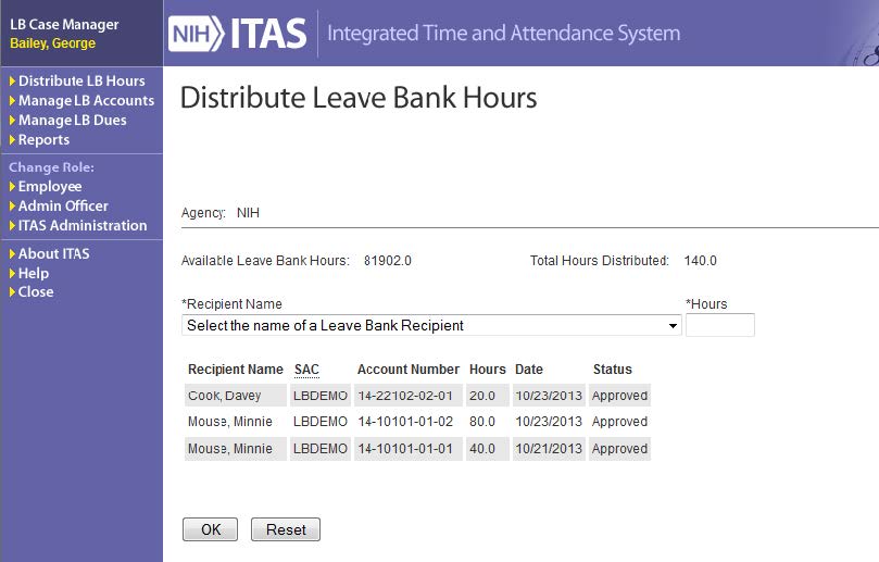 ITAS Distribute Leave Bank Hours screen