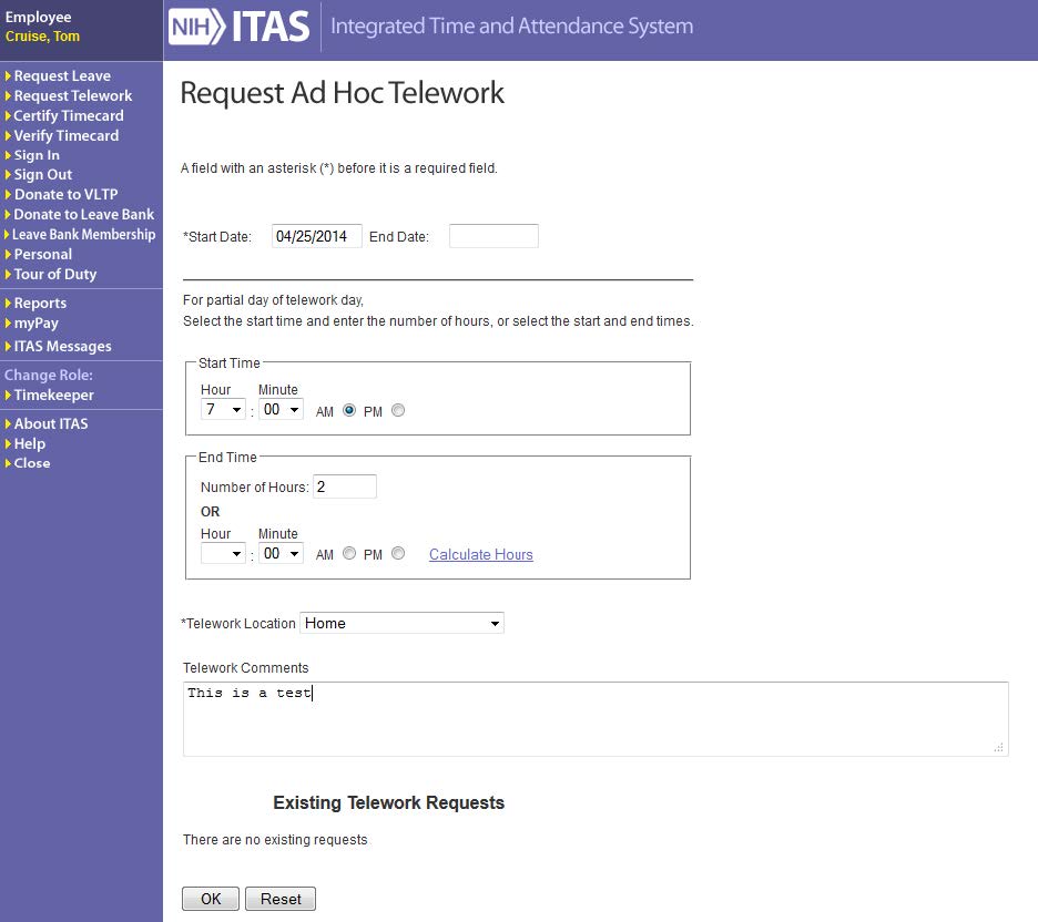 ITAS Request Ad Hoc Telework Screen two