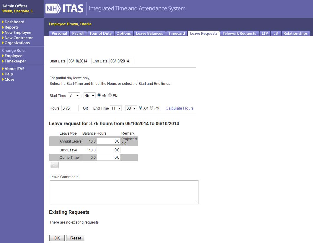ITAS leave request screen two