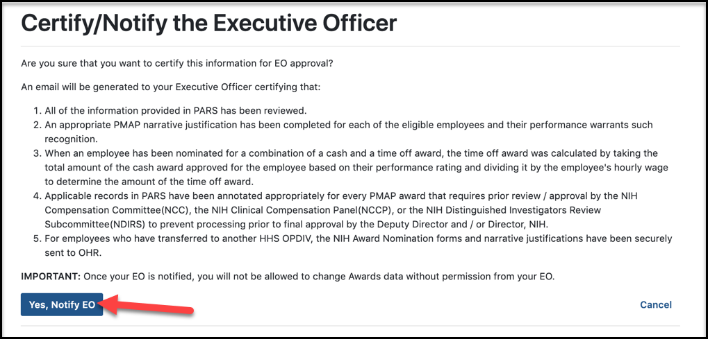 PARS - Certify & Notify EO confirmation