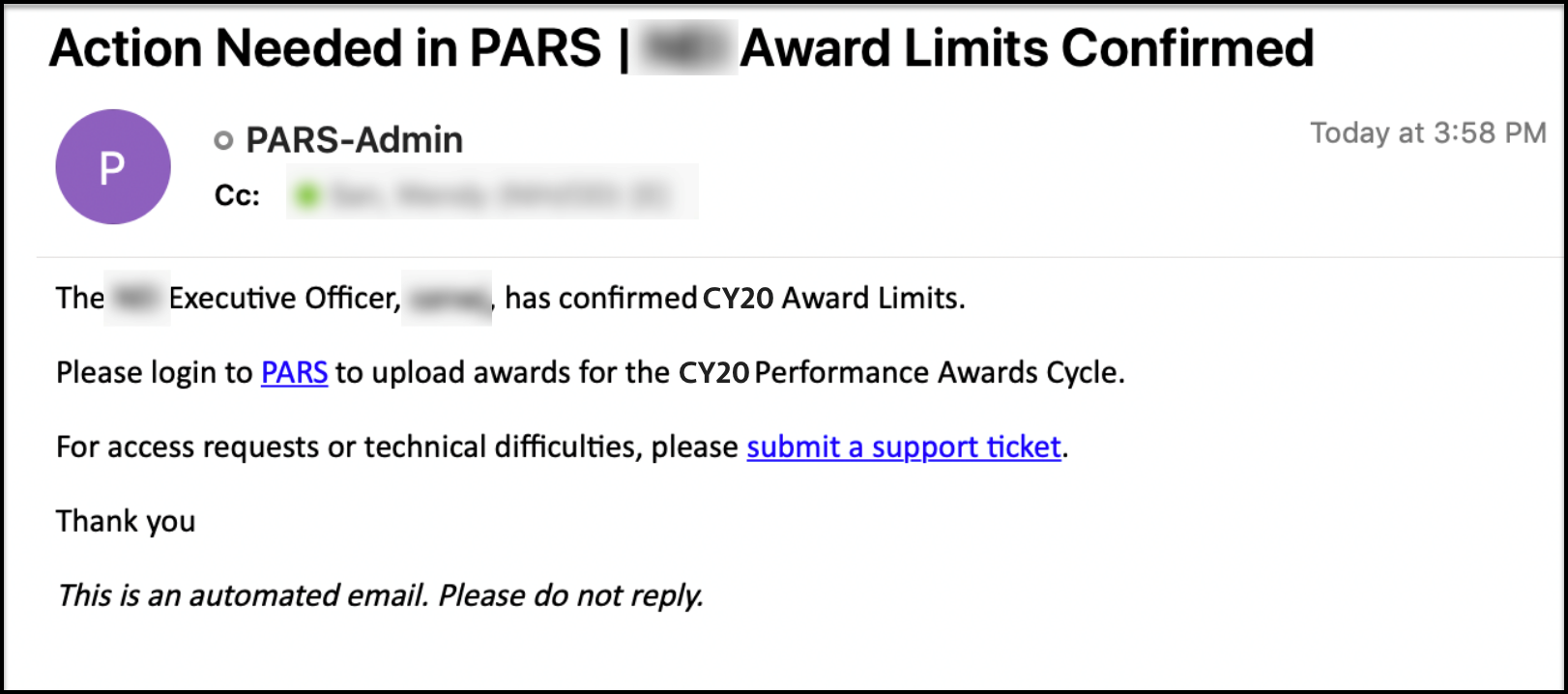 PARS - Award limits email