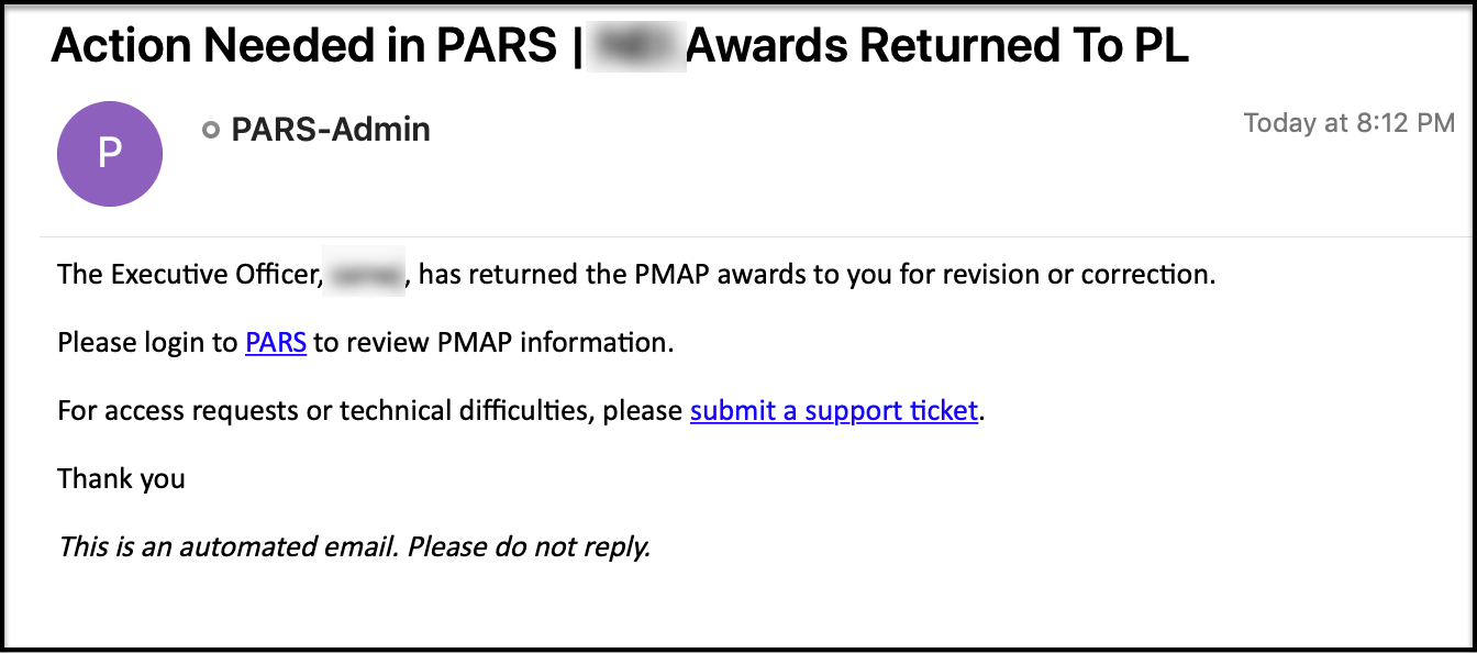 PARS - Awards returned to PL