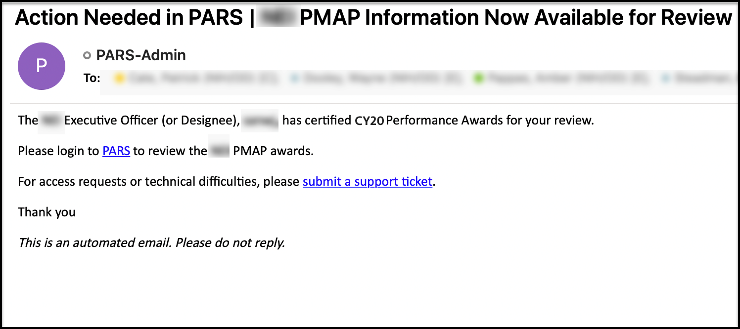 PARS - PMAP now ready email
