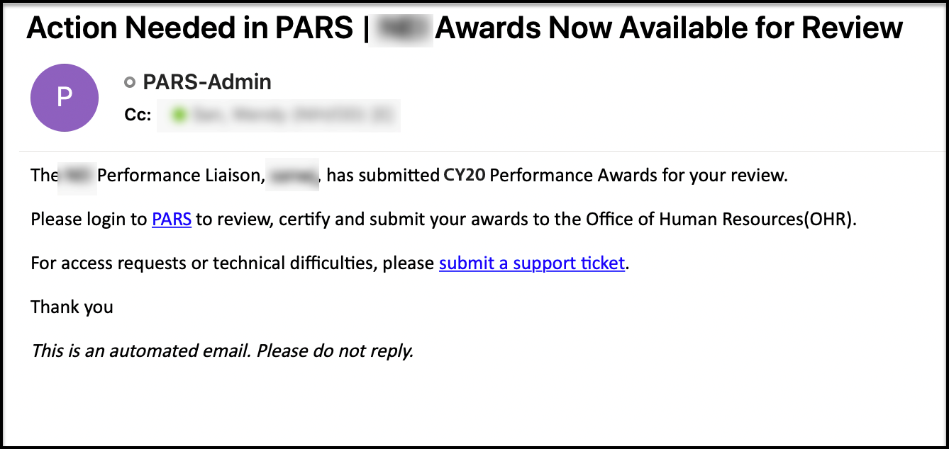 PARS - awards now ready email