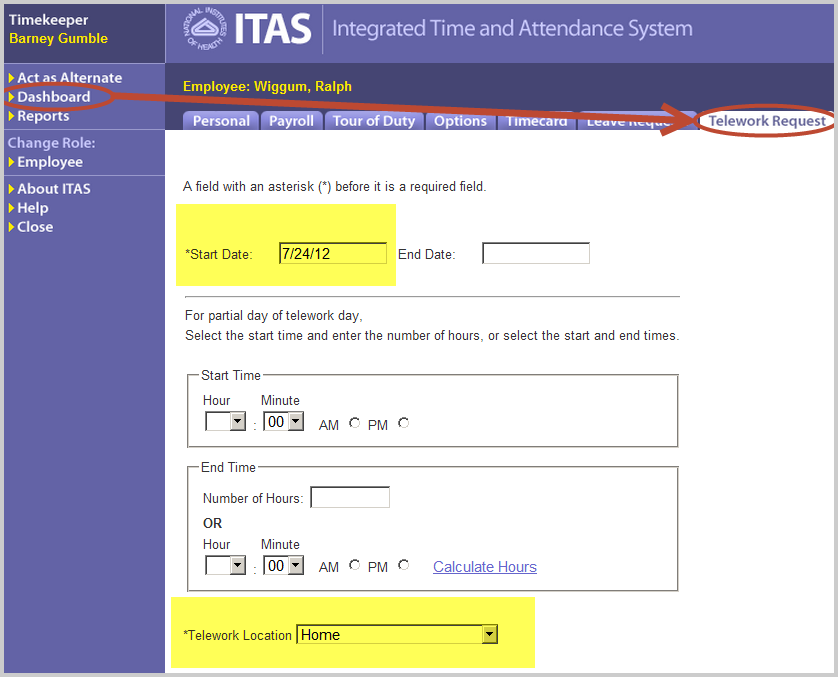 ITAS telework request from dashboard