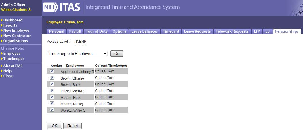 ITAS Timekeeper – Timekeeper to Employee screen